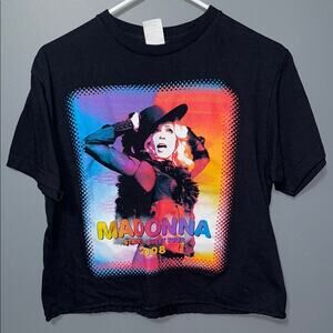 Madonna 2008 Sticky & Sweet Tour cropped black band t shirt women’s size medium